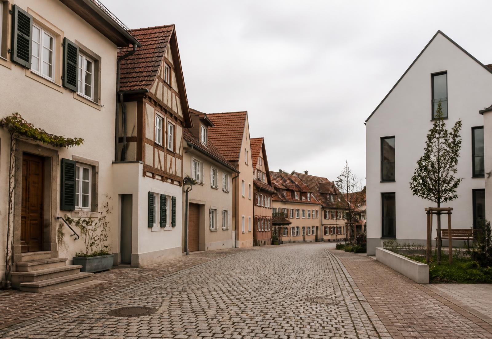 Wohnstraße mit traditionellen und modernen Häusern in der Region