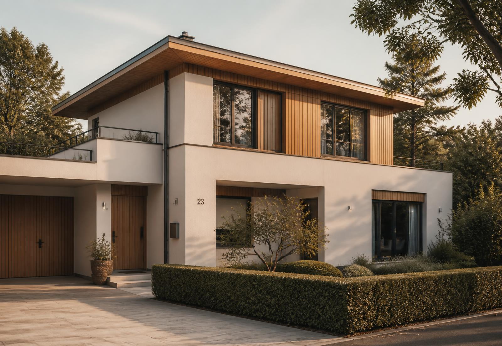 Modernes Wohnhaus mit klarer Architektur im Abendlicht